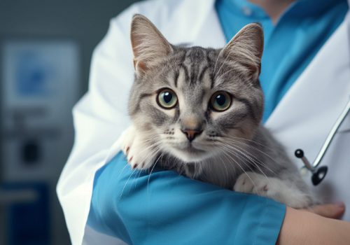 vet holding a grey cat